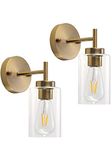 ETONIMERR 2 Pack Gold Wall Sconces Industrial Brass Gold Vanity Lights for Bathroom, Rustic Single Wall Light Fixtures, Farmhouse Wall Lamp with Glass Shade for Living Room Bedroom Entry Hallway Foyer