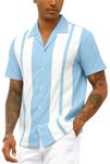 Mens Vintage Bowling Shirt Cotton Linen Beach Shirts Short Sleeve Striped Button Down Summer Tops Hawaiian Shirts Light Blue XL