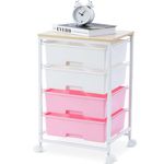 SYKIARIOL Utility Cart with Drawers and Wooden Tabletop, 4 Drawers Rolling Storage Cart,Arts and Crafts Organizer Storage Cart for Bedroom,Kid's Room,Dorm,Classroom,Office,Pink