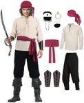 Ruimeier 8 Pcs Pirate Costume Men Adult Halloween Medieval Renaissance Costumes Set Viking Shirt Ankle Strap Pants with Accessories Eye Patch Sash Head Scarf Arm Guards Pirate Earring Beard SD098S