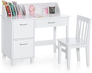 HONEY JOY Kids Desk and Chair Set, Table Chair Set for Children Aged 3-8 Years w/Stand-up Organiser, Drawer, 2 Storage Cabinets, Kids Writing Learning Desk Workstation for Bedroom Study Room (White)