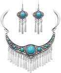 Rosemarie & Jubalee Women's Western Style Statement Silver Tone Metal Fringe Natural Howlite Stone Collar Necklace Earrings Set, 11"-13" with 2" Extension (Turquoise)