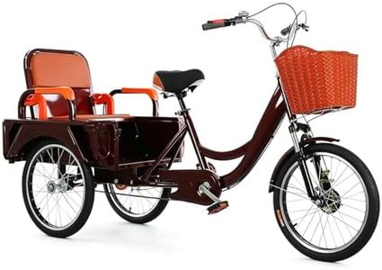 20 Inch Adult Tandem Tricycle, Height Adjustable Handlebar & Seat, Dual Brakes, Foldable Rear Seat for Cargo Storage, 200KG Load Capacity 2-Person Cruiser Bike,3 Wheels Bicycle
