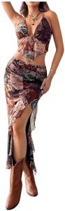 Verdusa Women's 2 Piece Set Tie Dye Backless Halter Tie Back Top Split Thigh Skirt Multicolor Medium