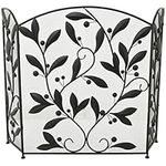 Deco 79 Metal Scroll Foldable Mesh Netting 3 Panel Fireplace Screen with Leaf and Vine Relief, 45" x 1" x 30", Black