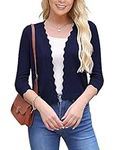 VOIANLIMO Women's 3/4 Sleeve Cropped Cardigan Sweaters Knit Open Front Bolero Short Shrugs for Dresses, Navy Blue, Small