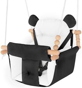 Baby Swing Indoor Outdoor,Secure Canvas Wooden Toddler Swing Seat, 3-Point Adjustable Safety Harness,Mounting Hardware Included,Gift for Boys and Girls,Black & White
