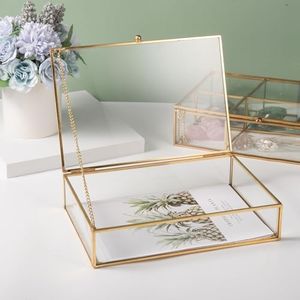 Feyarl Gold Clear Glass Jewelry Trinket Box Photo Cards Shadow Lidded Box Organizer Collection Display Case Decorative Keepsake Box for Home Deco (8.66 x 5.9 x 1.96inch)