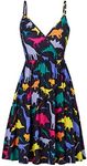 Women Sleeveless Summer Dress Girls Adjustable V Neck Dinosaur Print Flared Dresses Casual Vintage A Line Stretch Flowy Ruffle Sundress for Ladies Party Holiday L