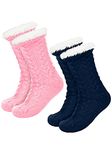 Boao 2 Pairs Women's Warm Slipper Socks Christmas Fuzzy Socks Fleece-lined Non Slip Slipper Socks, Dark Blue, Pink, Medium