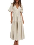 MessBebe Women's 2024 Summer Maxi Dress Puffy Sleeve V Neck Boho Party Beach Tiered Ruffle Flowy Long Smocked Dresses