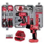 Hi-Spec 57pc Red 8V Electric Drill Set & Household Tool Kit - Hand DIY Tools, Cordless Power Screwdriver, Essential Power Tools & Drill Bit Sets for Home Repair Projects