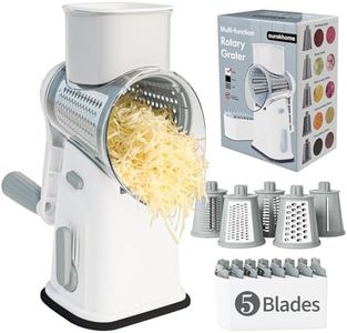 Ourokhome Rotary Cheese Grater Cheese Shredder, Mandoline Vegetable Slicer with 5 Interchangeable Blades and Strong Suction Base for Fruit, Vegetables, Nuts White