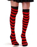 Women’s Extra Long Striped Socks Over Knee High Opaque Stockings (Black & Red)