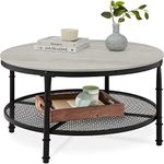 Best Choice Products 2-Tier 35.5in Round Industrial Coffee Table, Rustic Steel Accent Table for Living Room, w/Wooden Tabletop, Reinforced Crossbars, Padded Feet, Open Shelf, Raised Bottom - Gray