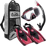 TUSA Sport Adult Black Series Visio Tri-Ex Mask, Dry Snorkel, and Fins Travel Set, Black/Metallic Red, Medium