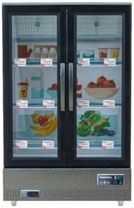 Miniature Refrigerator Model, 1/20 Scale Mini Realistic Double-Door Fridge Food-Play Model with 60 Random Items & Shopping Cart, Cute Dollhouse Kitchen Supermarket Props for Kitchen Ornament Play
