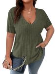 Gemulate Womens Plus Size Tops Casual Short Sleeve Tshirts Ladies Loose V Neck Solid Color Clothes ArmyGreen 1XL