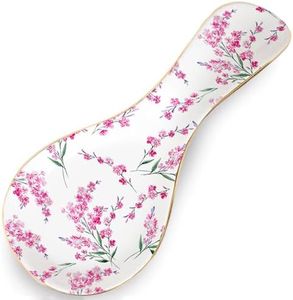 LEAZUL Ceramic Spoon Rest for Stove Top Large Spoon Holder Farmhouse Spoon Holder for Kitchen Counter Floral Coffee Spoon Rest Flowers Print Cooking Utensil Tools Rest Kitchen Decor Pink Blossom