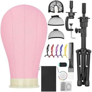 Yekavo 22 Inch Wig Head Mannequin Head for Wigs, Wig Stand Tripod with Head, Pink Canvas Block Mannequin Head for Hair Styling Practice Display with Wig Caps, T C Pins