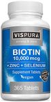 Biotin 10000 mcg Vitamin B7 + Zinc + Selenium, Pure, Vegan & Extra Strong, Best Supplement for Hair Growth, Glowing Skin, Strong Nails*, 365 Tablets for 12 Months, Natural Without Additives (2)