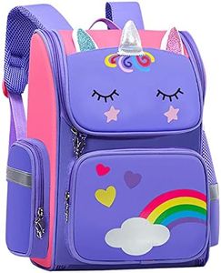 Unicorn School Backpack for Girls Large Capacity Waterproof Light Weight Schoolbag Bookbag for Kids Primary School Student (Purple)