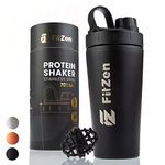 FitZen Protein Shaker Bottle | Black Stainless Steel Leak Proof Gym Shake Blender with Ball