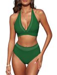 ZAFUL 2024 High Waisted Bikini Sets for Women Swim Suits Two Piece Swimsuit Sexy Bathing Suit Halter Swimsuits Mesh Bikinis, Dark Green, Large