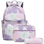 Leaper Water-Resistant Contrast Color School Backpack Lunch Bag Pencil Bag 3 in 1 Set Purple