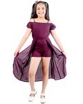 Kids Cave Half Cold Shoulder Sleeve Solid Mock Flared Dress Styled Jumpsuit for girls-Purple_Size-3-4 to 11-12 Years