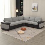 Panana Corner Sofa Faux Leather and Linen Fabric Suite & Cushions - Sectional Group Sofa Settee - large corner sofa for living rooms, 6 seater corner sofa, Light Grey