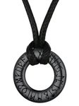 Viking Runes Necklace with Leather Neck Chains Black Stainless Steel Nordic Mythology Rune Charms