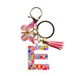 SANLONGXL Cute Initial Letter Keychains for Women Girls Tassel Butterfly Pink Purple Green Keychain for Backpack School Bag (E-Pink)