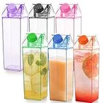 Milk Carton Water Bottles 6 Pack - 17OZ/500ml Each - Clear Plastic, Unique, Stylish Design - Decorate Transparent Square Water Containers - Coffee - Gifts for Family/Friends (Color Set)