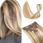 Elailite Human Hair Extensions Clip in Real Natural Hair - 8 Pieces Thin Weft Full Head Remy Hair Straight - #12/613 Golden Brown Mix Bleach Blonde - 8 Inch (45 g)