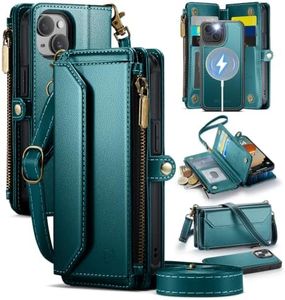 Strapurs for iPhone 14 Plus Detachable Wallet Case Compatible with Magsafe, RFID Blocking 9-Card Holder Zipper Wrist Strap Lanyard PU Leather Magnetic Phone Case for iPhone 14 Plus 6.7", Blue Green