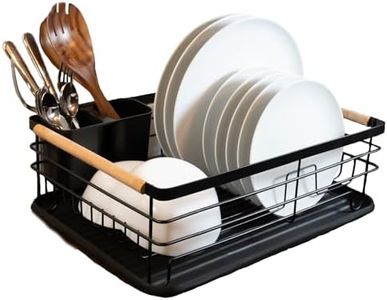 Slash-X | Abtropfgestell/Abtropfständer für Geschirr, mit herausnehmbarem Tablett & abnehmbaren Besteckhalter, schwarz mit Holzgriff (42×30×15 cm)