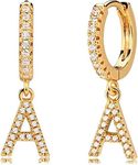 MEVECCO 18K Gold Filled Gold CZ Pave A Initial Drop Huggie Earrings Diamond Cut Cubic Zircon Inlayed Letter Dangle Charm Initial Huggie Hoop Earrings Personalized Dainty Tiny Symbolic Jewelry