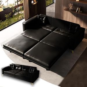 Tabaray 92.1'' King Pull out Sofa Bed, Convertible Futon Couch, 3-in-1 Faux Leather Sleeper Sofa with Tufted Back, 2 Pillows, Gold Legs, Deep Folding Loveseat Couches for Living Room, Apartment, Black