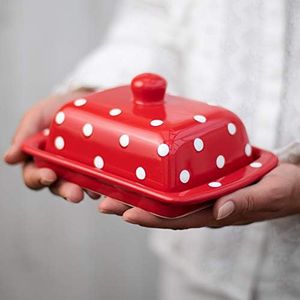 Handmade Ceramic European Covered Butter Dish with Lid | Unique Red and White Polka Dot Pottery Butter Keeper | Housewarming Gift by City to Cottage