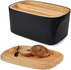 Sonder Los Angeles, Modern Bamboo Fiber (Black) Bread Box for Countertop with Reversible Wood Serving Lid, 14.25 x 9.25 x 7in, Storage Bin and Bread Container