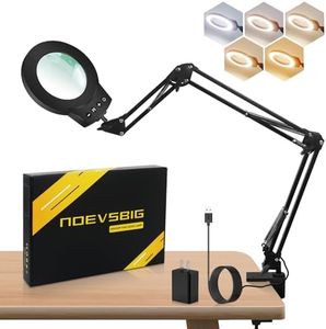 NOEVSBIG Magnifying Glass with Light 10X Desktop Lamp Close Work Up for Desk Crafting, Reading, Sewing, Panting, Soldering, Ultra 3-Section Swing Arm Design for Large Workbench, Hands Free Magnifier