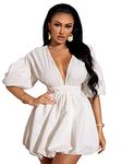 WDIRARA Women's Deep V Neck Puff Sleeve High Rise Flare Dress Elastic Waist Dress, White, Large