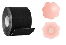 HELISHA® Women's & Girl's Multipurpose Breast Lifting Boob Tape with Nipple Pasties (Free-Size) (Free Size, Black-Tape+Beige Nipple Pasties)