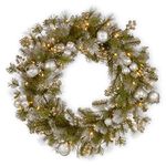 National Tree Company 24 Inch Glittery Pomegranate Pine Wreath with Silver Pomegranate, Champagne Berries, White Frosted Tips and 50 Battery Operated Warm White LED Lights with Timer
