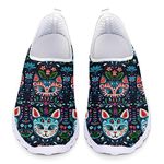 Kuiaobaty Novelty Cats Floral Women's Comfortable Walking Sneakers,Folk Art Sugar Skull Cat Loafer Shoes Slip-on Trainers Low-Top Flat Shoes