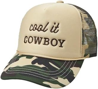 Etdewrio Embroidered Cool It Cowboy Print Trucker Cap Camouflage Mesh Beach Hat for Ladies and Men Summer,Beige/Camouflage