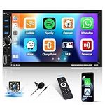 Double Din Car Stereo with Wireless Apple Carplay&Android Auto,7 Inch Touch Screen Car Radio with Bluetooth FM Mirror Link for Ios/Android EQ AUX/USB/TF Car Multimedia Player+ Backup Camera&Microphone