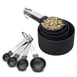 8-Piece Measuring Cup and Spoon Set, Plastic Measuring Cup and Spoon with Stainless Steel Handle, for Liquids and Solids, for Cooking Kitchen (Black)