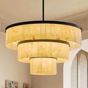 CEENWE D34.3 Round Alabaster Chandelier, 3-Tier Brass Marble High Ceiling Chandeliers, Modern Dining Room Chandeliers Living Room Light for Entryways, Foyer, Stair, Kitchen Black(Include Bulbs)